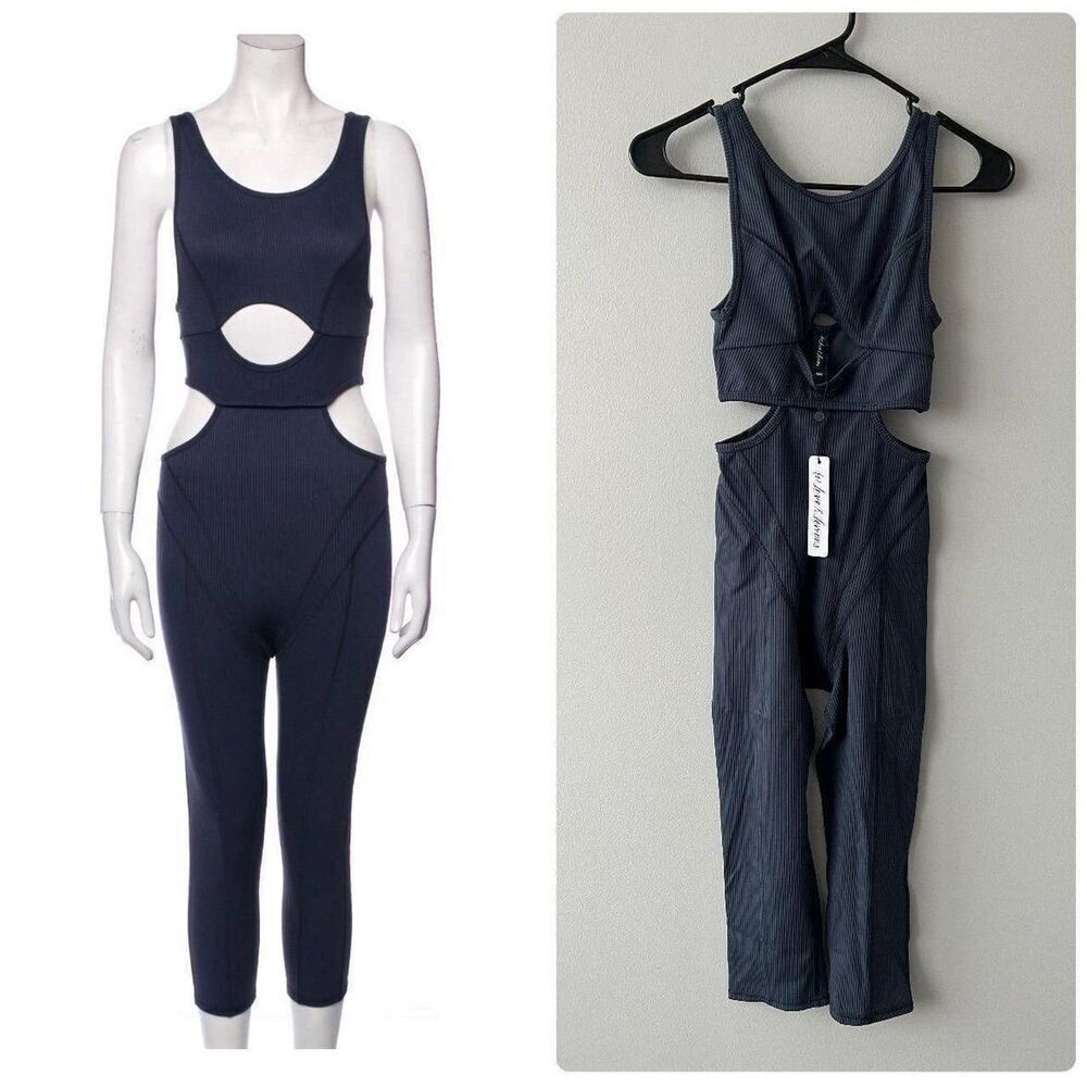 For Love & Lemons NWT XXS Blue Ribbed Cut Out One Piece Jumpsuit Activewear Gym